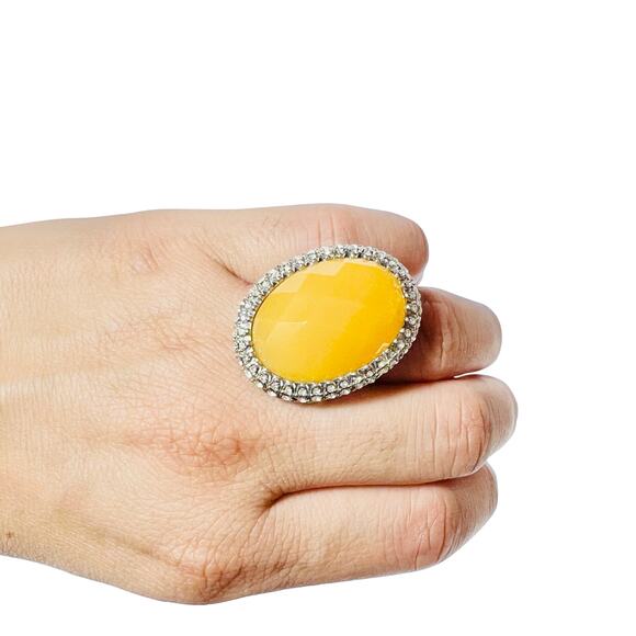 Vintage Golden Yellow Silver Tone Rings Rhinestones Oval Oversized Stretch - Picture 5 of 7